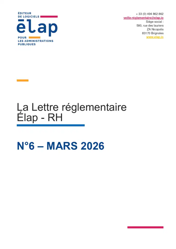 Couverture de la Lettre réglementaire Élap RH, numéro 6 de mars 2026. Le visuel présente le logo Élap, les coordonnées de contact du service veille réglementaire et le titre « La Lettre réglementaire Élap RH ». La mention « N°6 – Mars 2026 » apparaît au centre de la page.